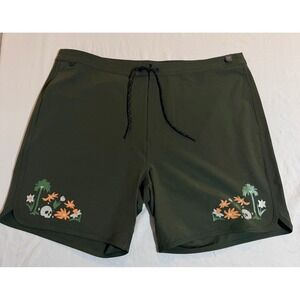 Roark Mens Chiller 7"‎ Inseam Boardshorts Olive Green Skull Flower Size 38 XL